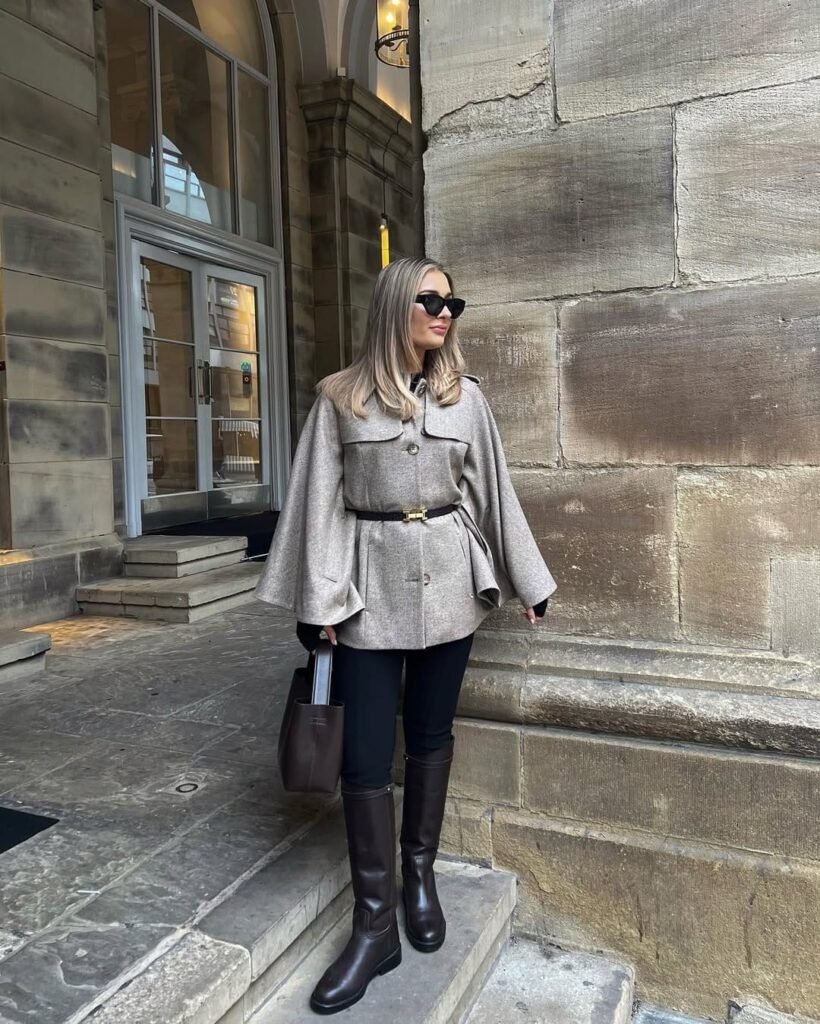 Elegant Taupe Cape and Classic Riding Boots