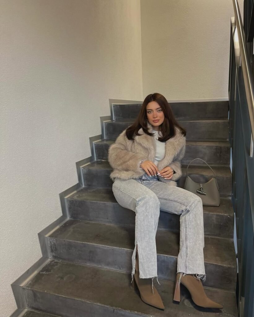 Faux Fur Jacket Gray Jeans Tan Boots