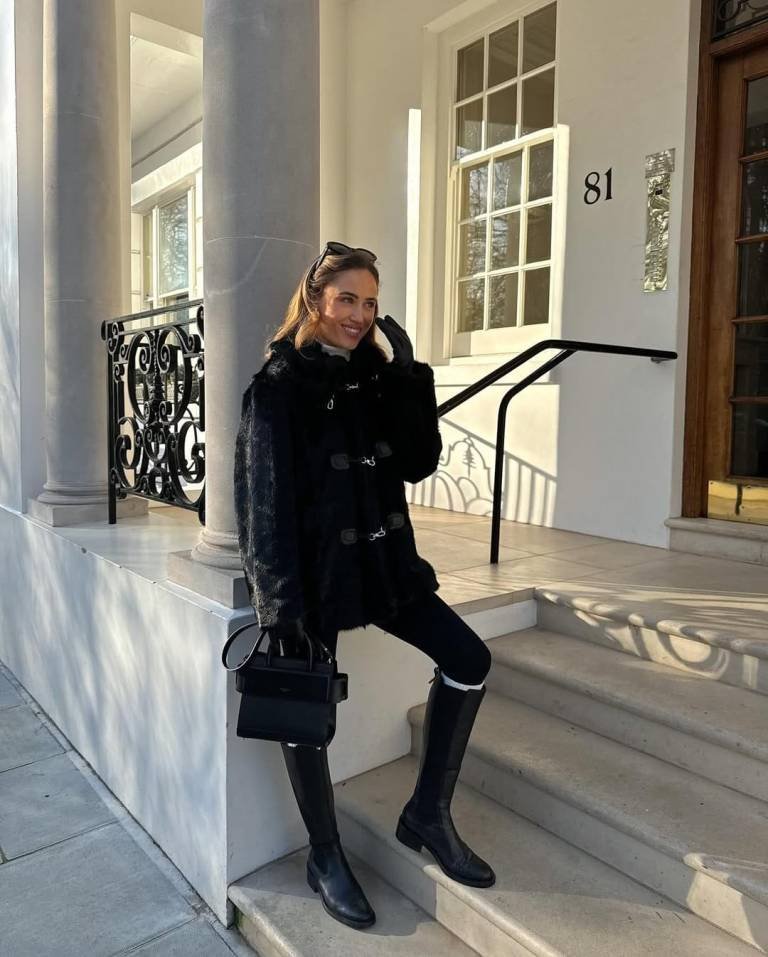 Faux Fur Toggle Coat and Black Riding Boots