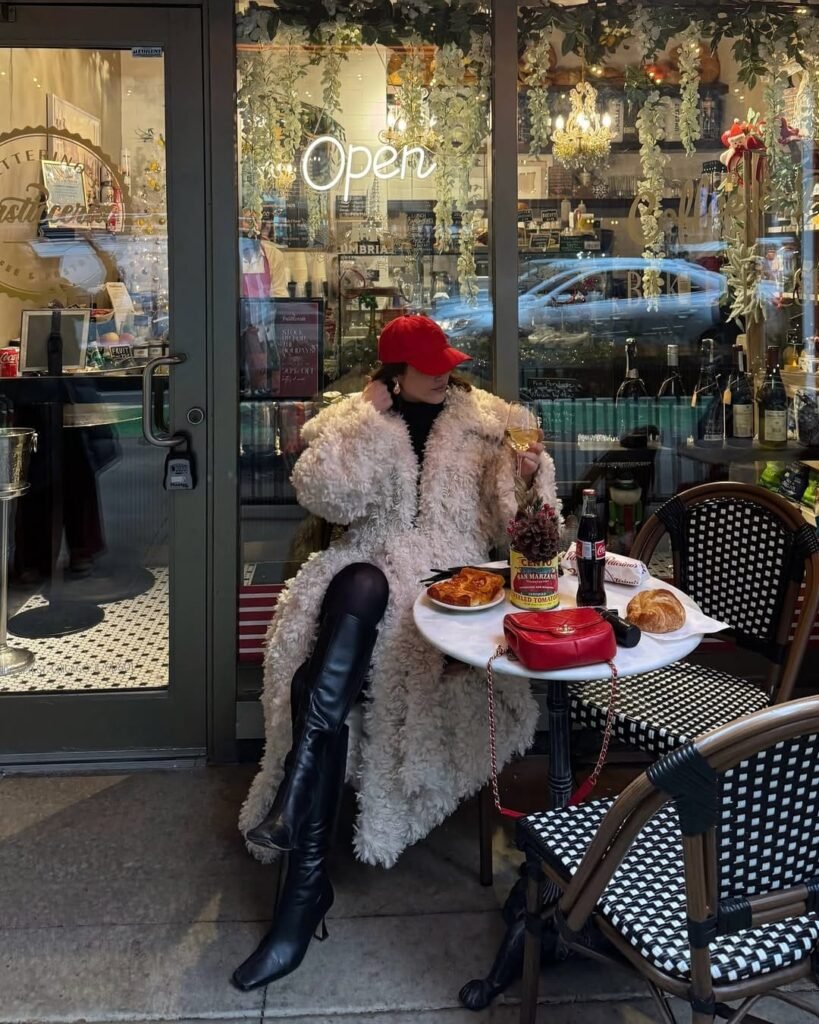 Fluffy Cream Faux Fur Coat and Sleek Black Boots