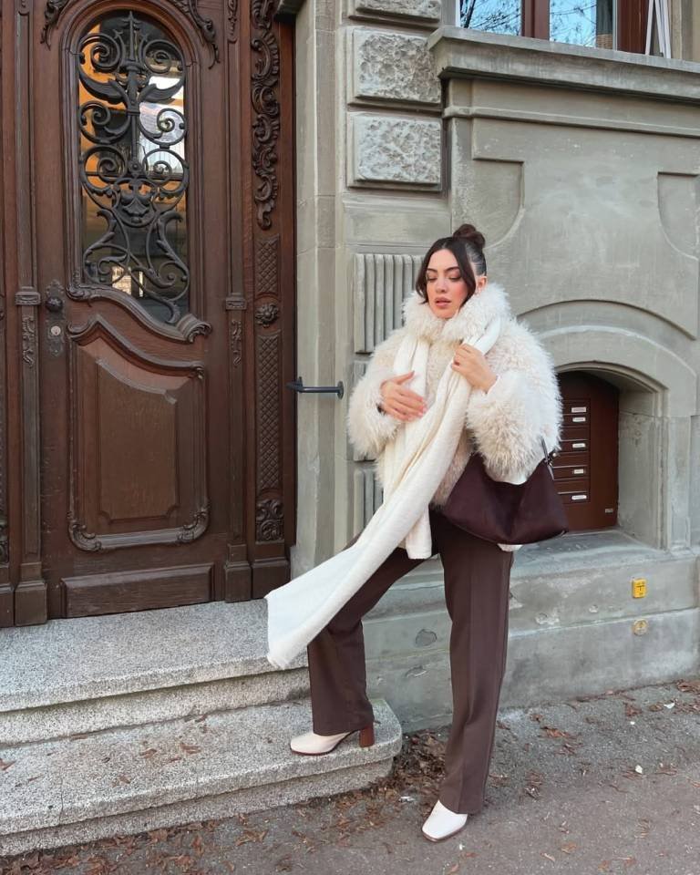 Fluffy Cream Faux Fur With Chocolate Pants