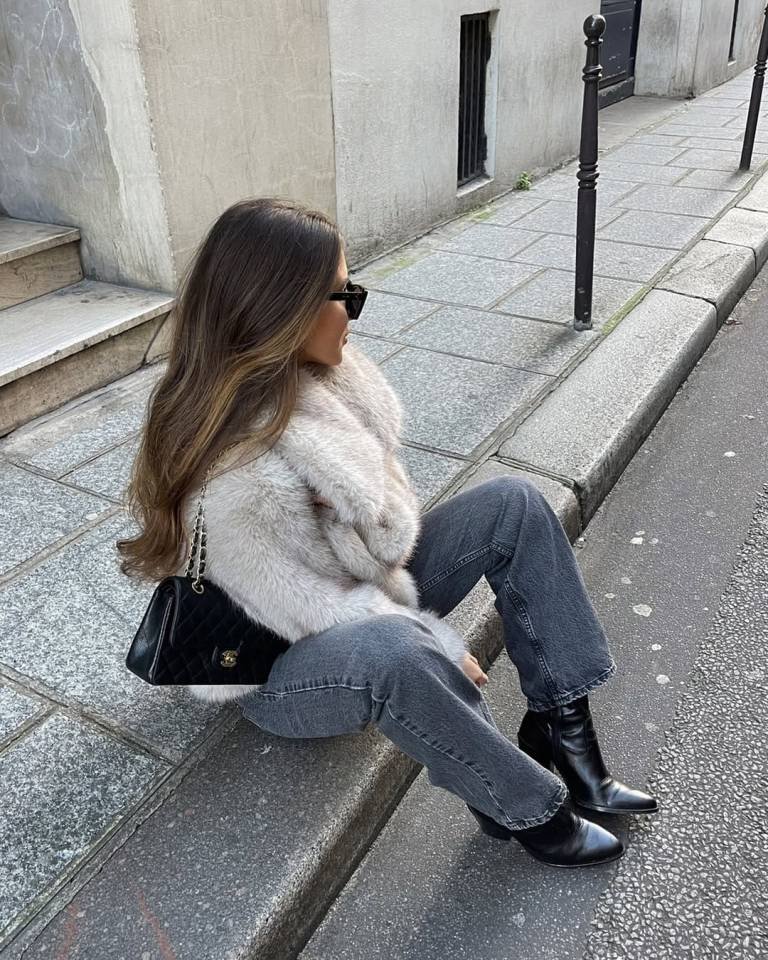 Fluffy Fur Coat With Gray Jeans and Black Boots