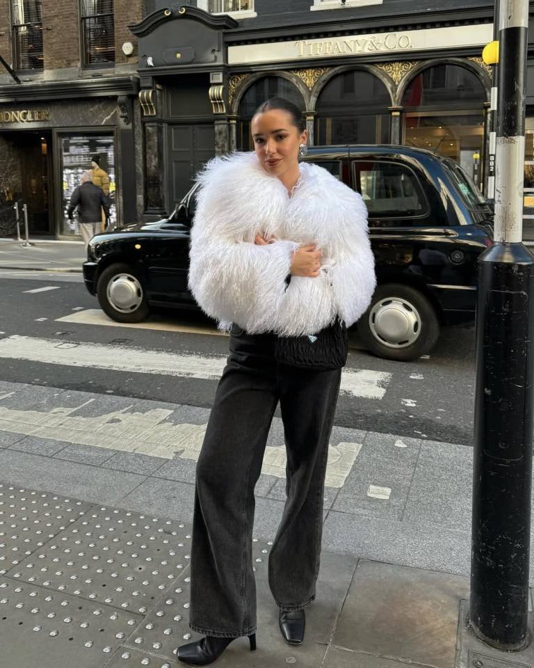 Fluffy White Faux Fur Jacket With Dark Wide Leg Jeans