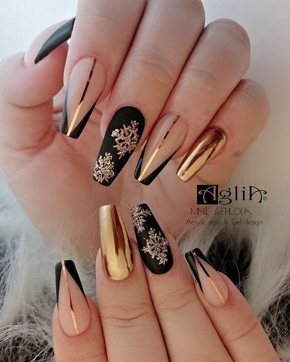 Glossy Black and Metallic Gold Floral Nails