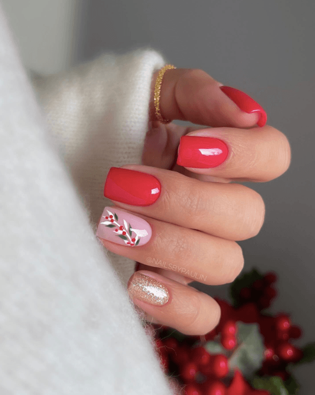 Glossy Red Nails With Floral and Gold Glitter