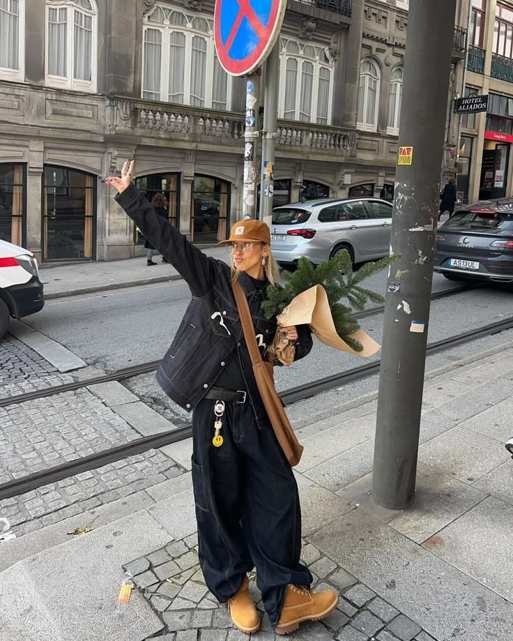 Graphic Detail Denim Jacket with Dark Wide Jeans