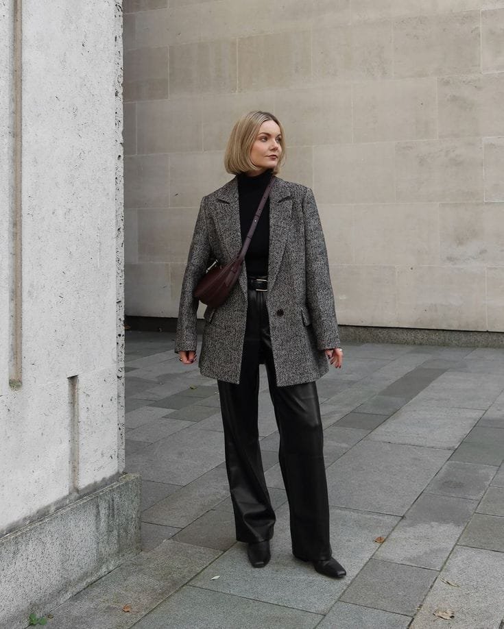 Gray Blazer with Black Leather Pants