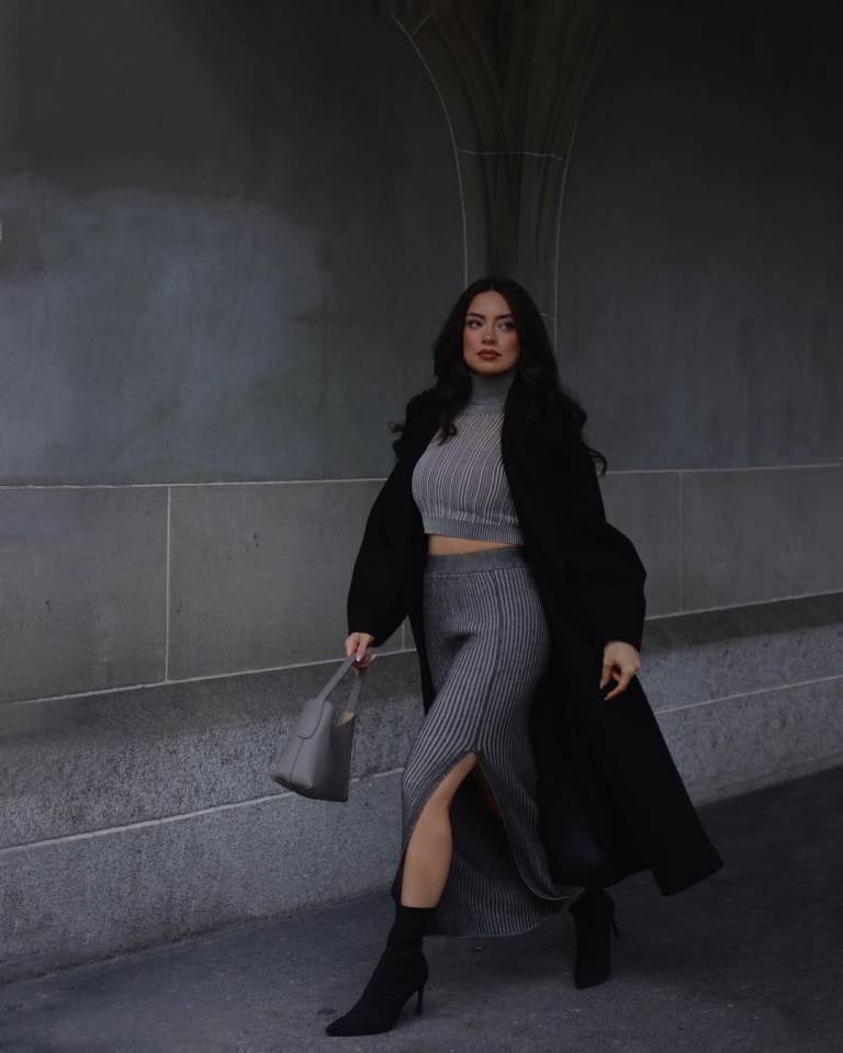 Gray Ribbed Set With Black Ankle Boots