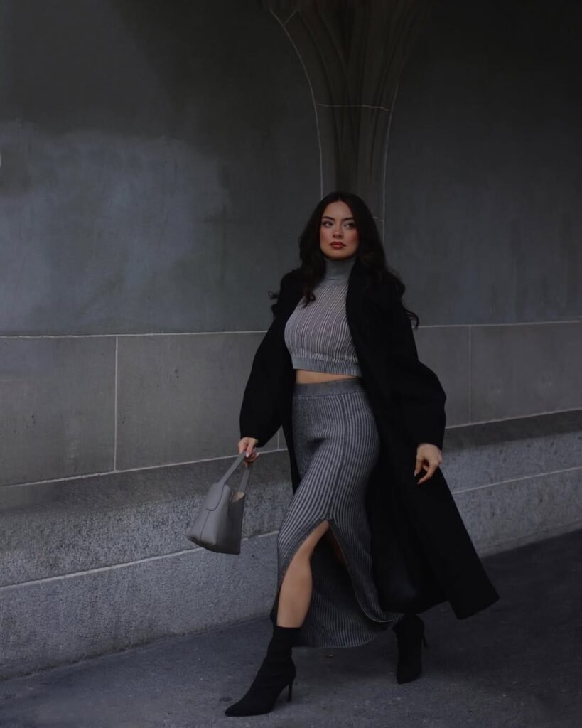 Gray Ribbed Set with Long Black Coat