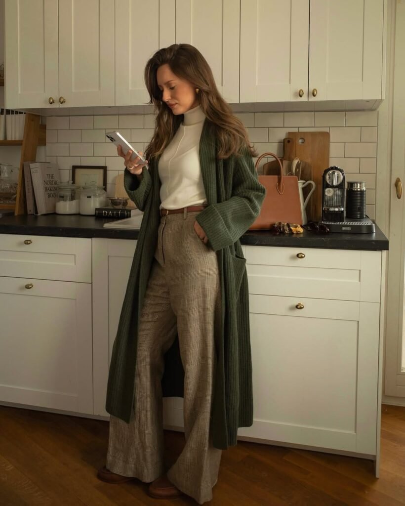 Green Knit Duster with Plaid Wide Leg Trousers