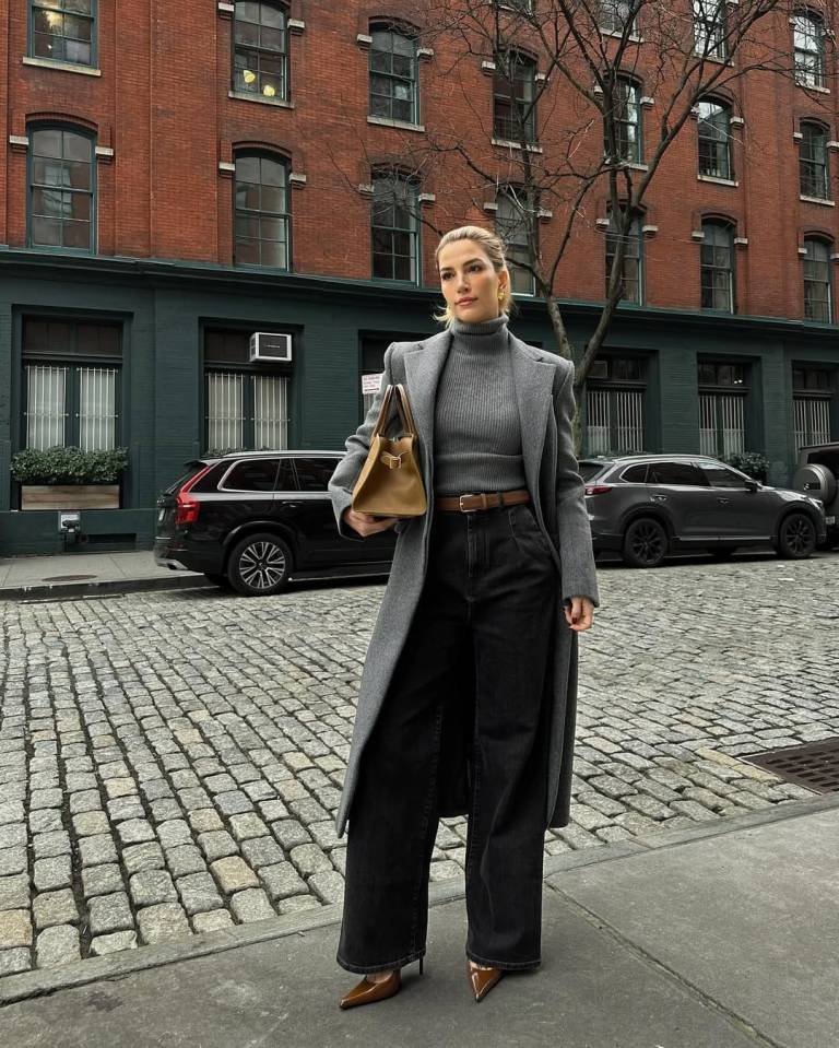 Grey Wool Coat and Charcoal Wide Leg Jeans