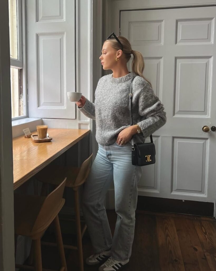 Heathered Knit Sweater With Light Wash Jeans