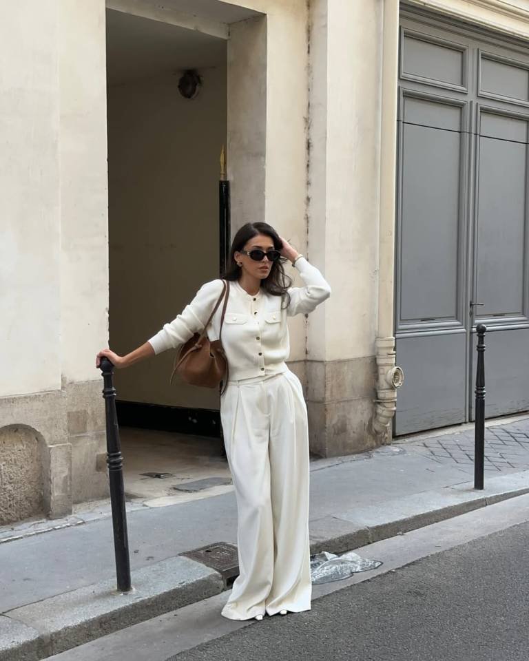 Ivory Cardigan and Flowing Wide Leg Pants