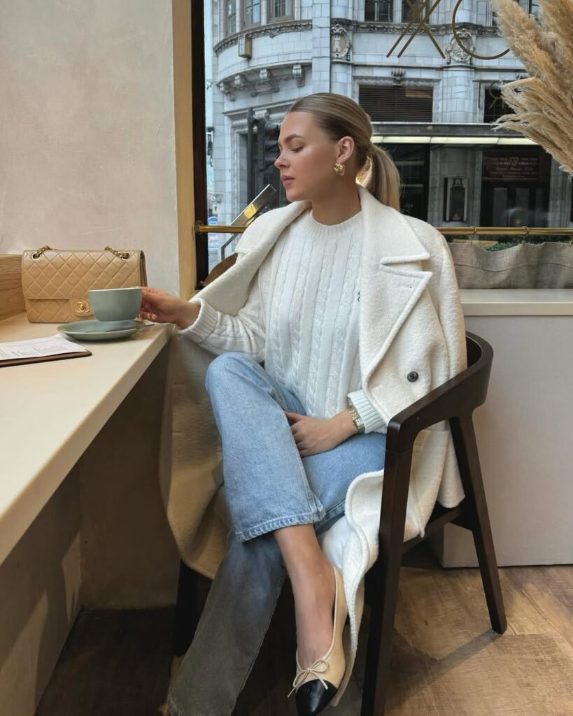 Ivory Wool Coat with Cable Knit Sweater and Denim