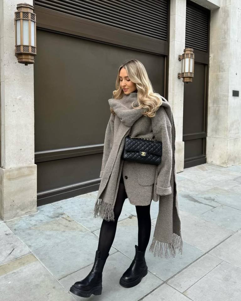 Layered Taupe Coat with Statement Scarf