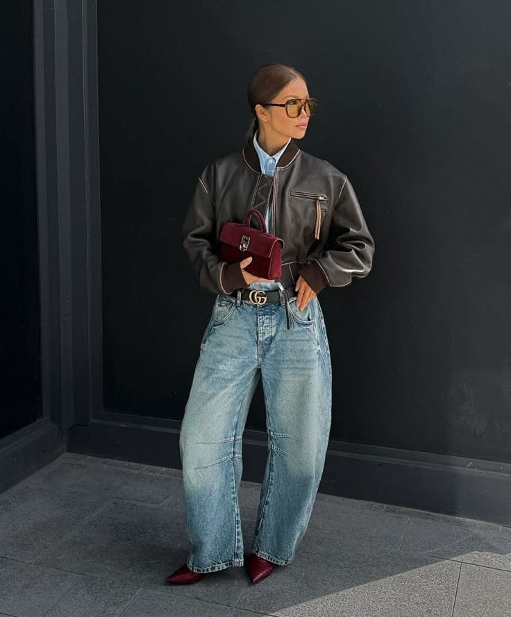 Leather Bomber Faded Barrel Jeans