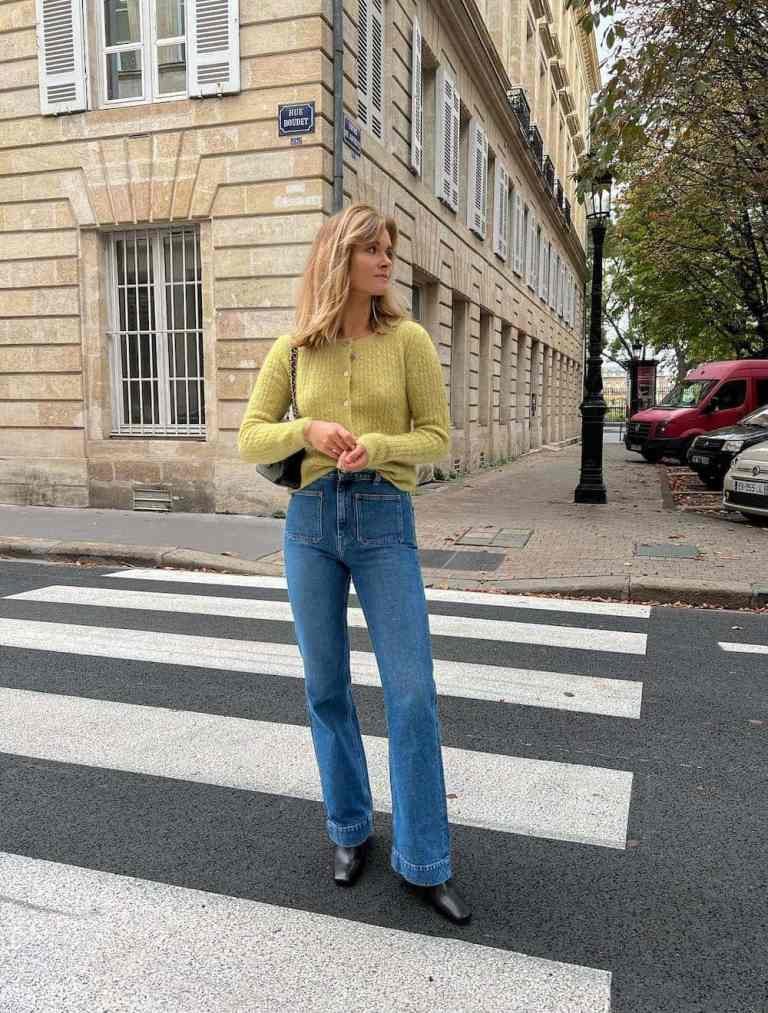 Lemon Cable Cardigan High Waisted Blue Jeans