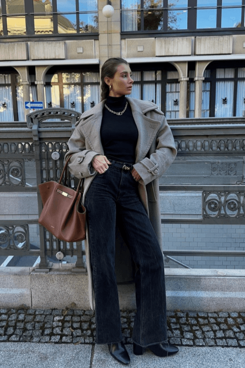 Long Beige Coat Black Turtleneck Dark Jeans