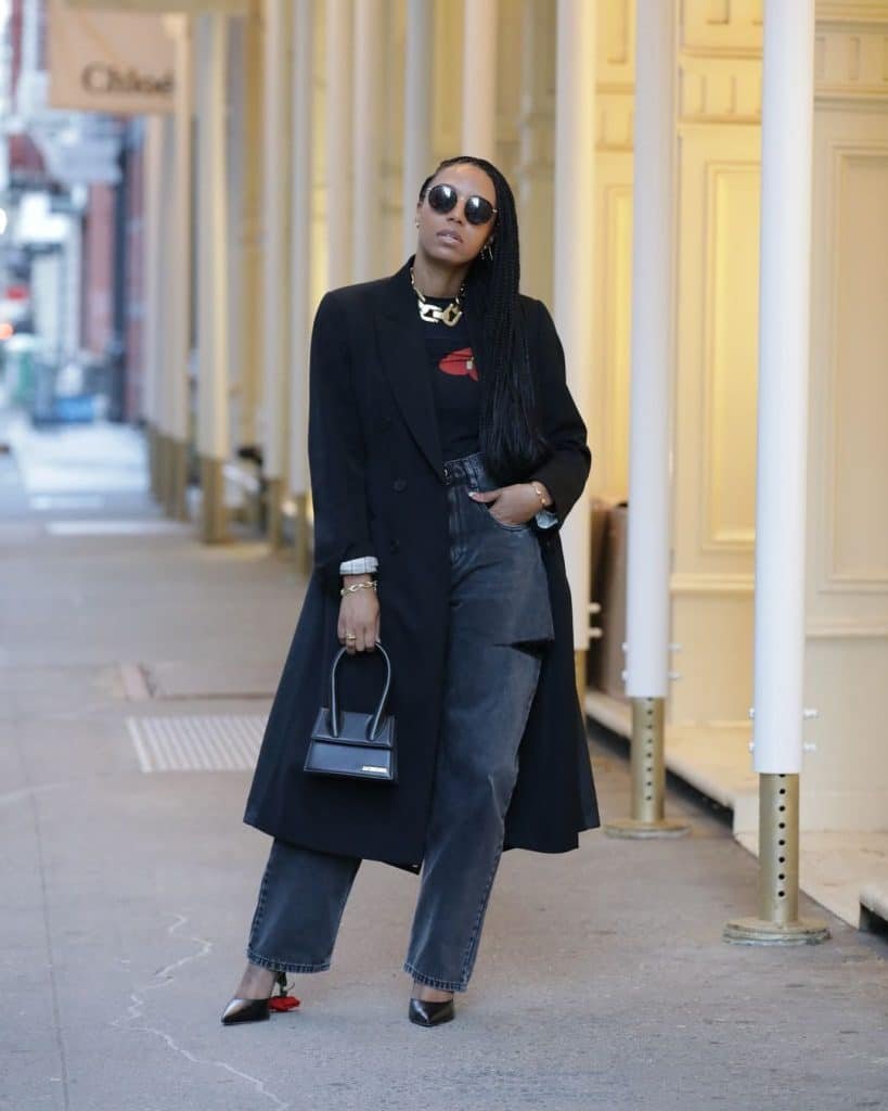 Long Black Coat Washed Barrel Jeans