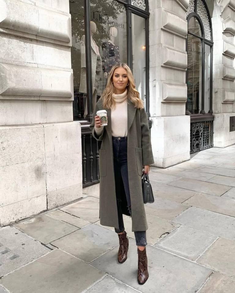 Long Gray Coat Cream Sweater Snakeskin Boots