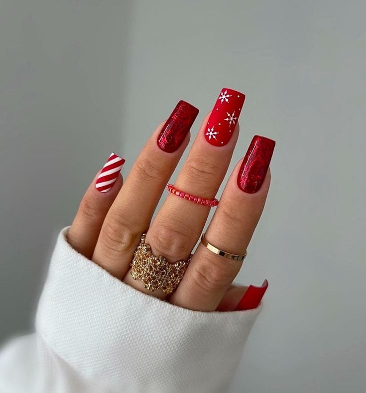 Long Red Nails With Stripes and Snowflakes