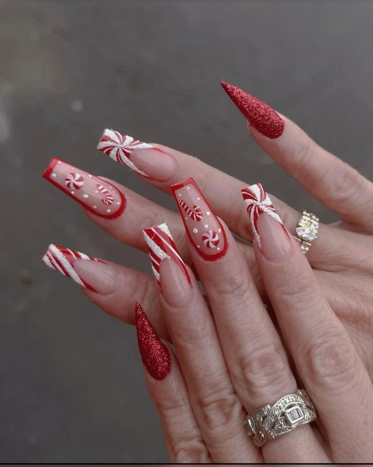 Long Red and White Candy Cane Nails