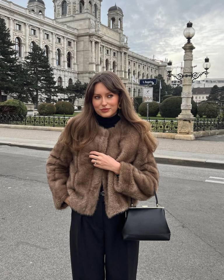 Luxe Brown Faux Fur Jacket With Sleek Black Trousers