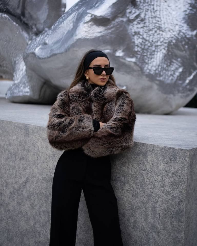 Luxe Chocolate Faux Fur With Sleek Black Trousers
