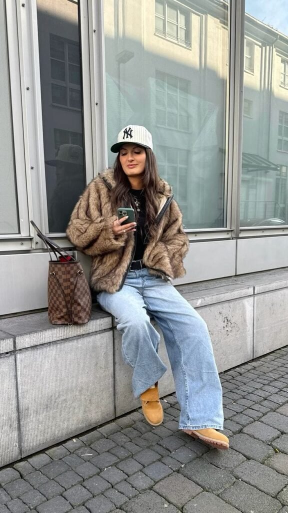 Luxe Faux Fur Jacket with Soft Wide Jeans