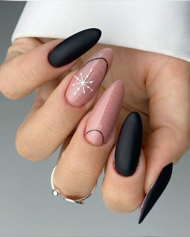 Matte Black and Glittery Nude Almond Nails