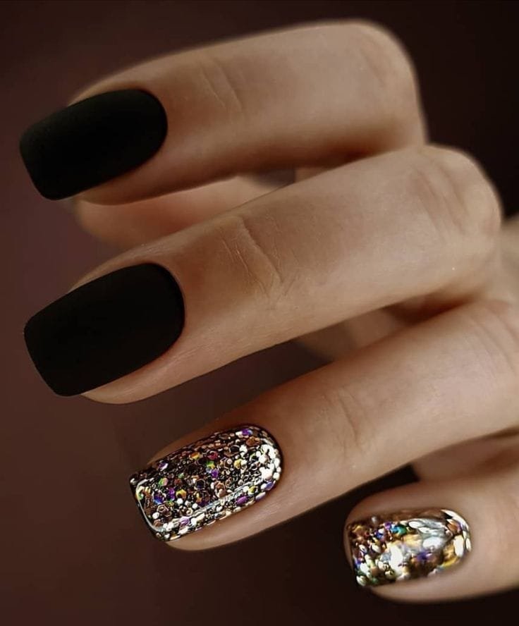 Matte Black and Multicolor Glitter Nails