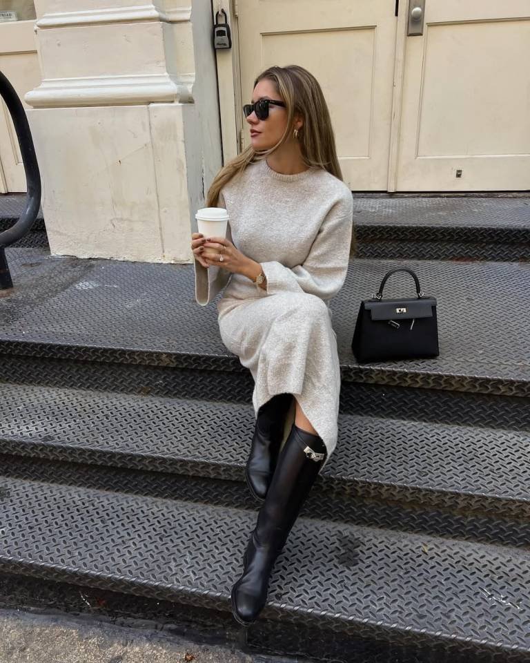Minimalist Oatmeal Knit Dress and Sleek Black Boots