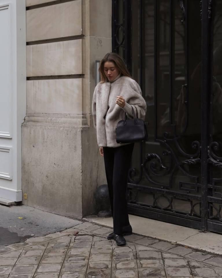 Mink Colored Faux Fur and Black Trousers