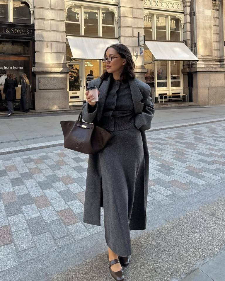 Monochrome Grey Coat with Coordinated Knit Dress