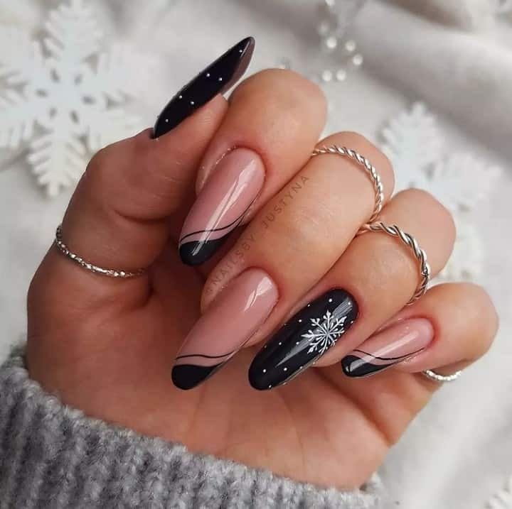 Nude Black Combo Nails with Snowflake Accent