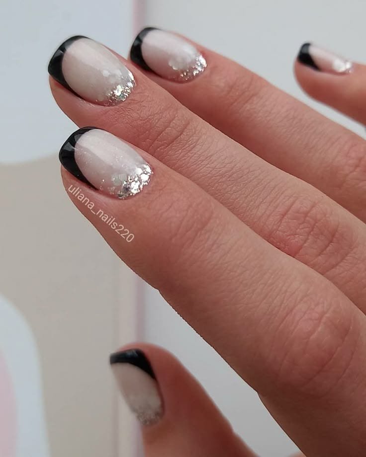 Nude Nails With Black French Tips and Silver Sparkle