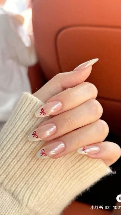 Nude Nails With Tiny Red Bows