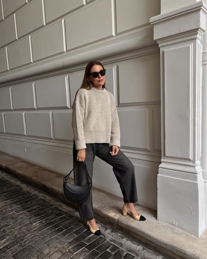 Oatmeal Sweater Charcoal Barrel Jeans