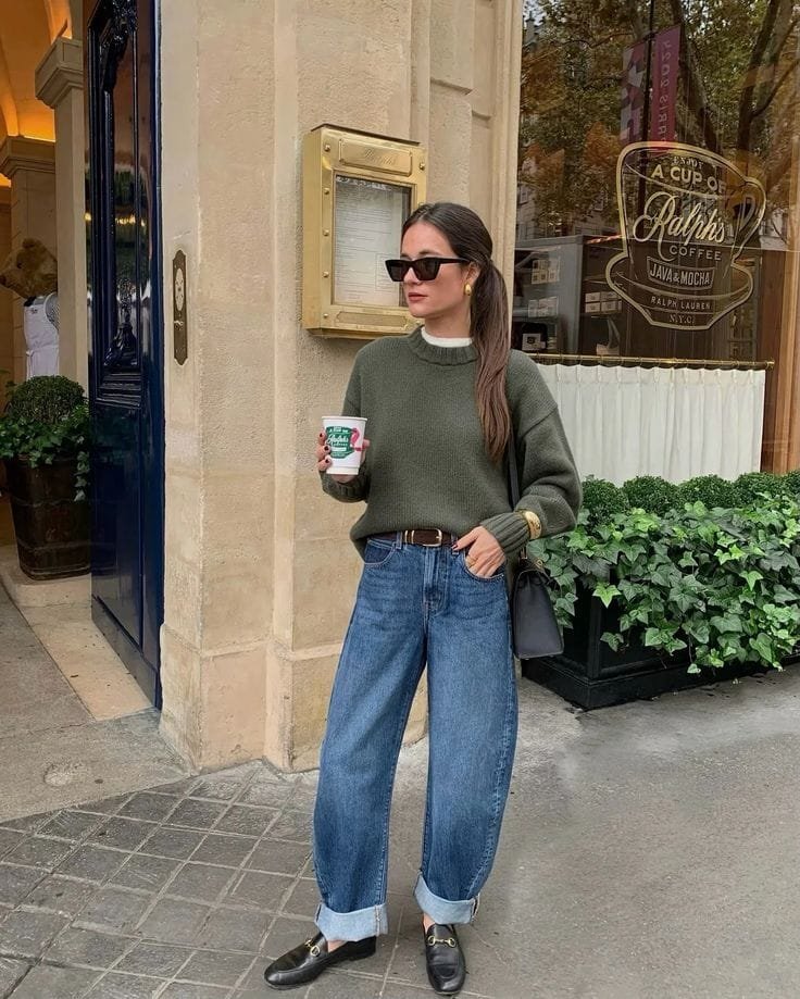 Olive Sweater Classic Barrel Jeans