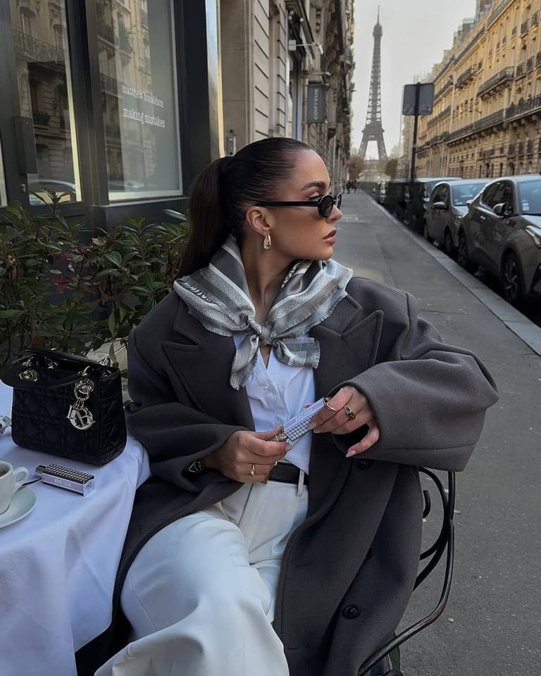 Oversized Charcoal Coat With Silky Silver Scarf and Wide Leg Trousers