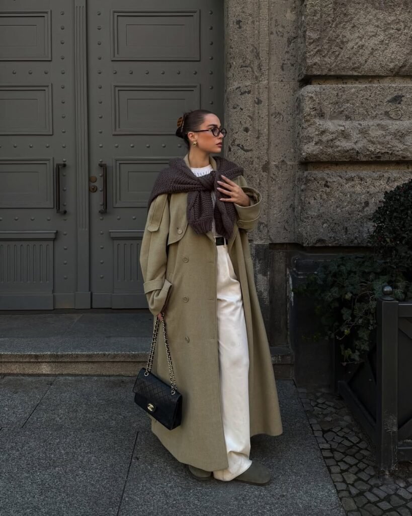Oversized Khaki Trench with Relaxed White Trousers