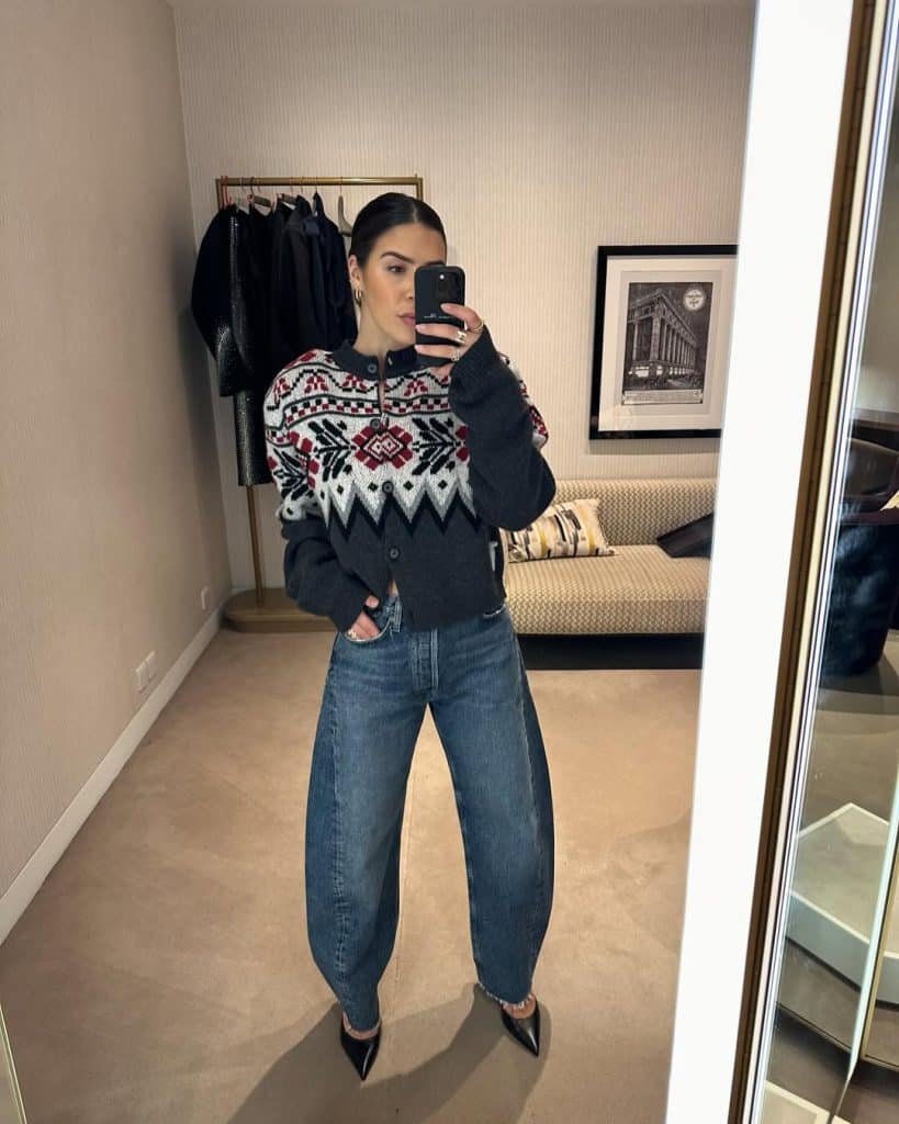 Patterned Cardigan Barrel Jeans