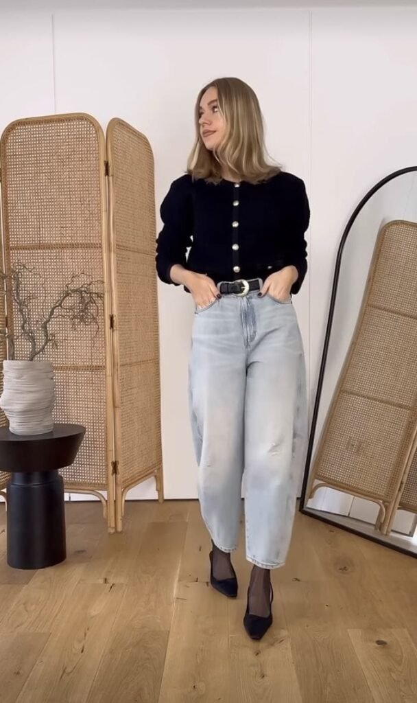 Pearl Cardigan Faded Barrel Jeans