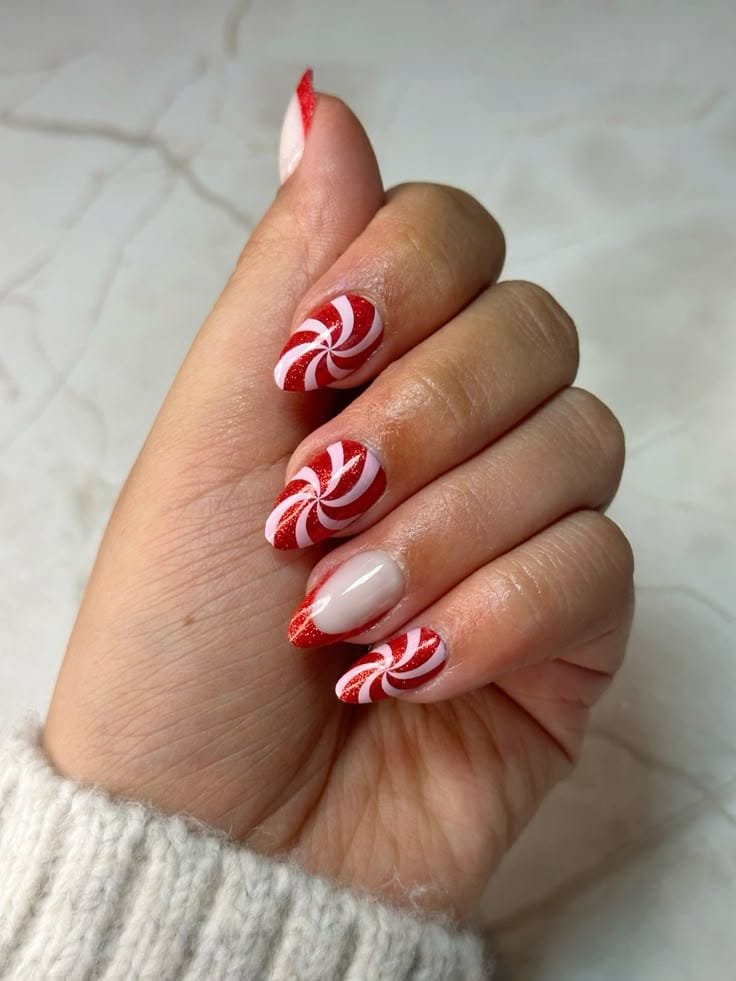 Peppermint Swirls With Red Glitter Tips