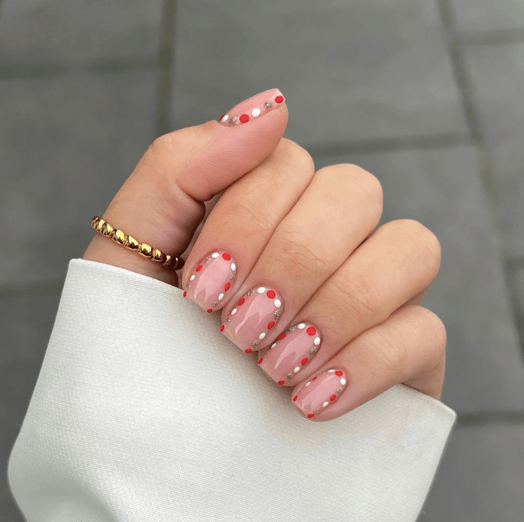 Pink Nails With Red and White Dot Borders