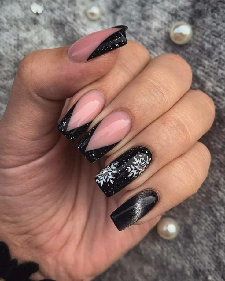 Pink and Black Square Nails With Festive Snowflakes