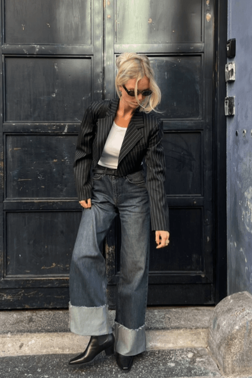 Pinstripe Blazer Cuffed Jeans Black Ankle Boots 1