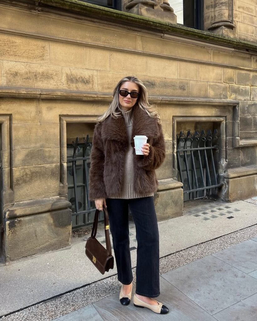 Plush Brown Faux Fur and Casual Black Denim