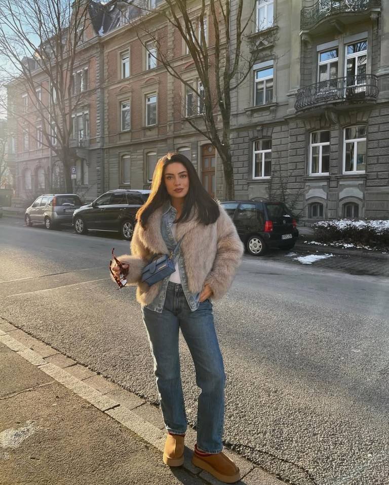 Plush Faux Fur Jacket with Denim Layers