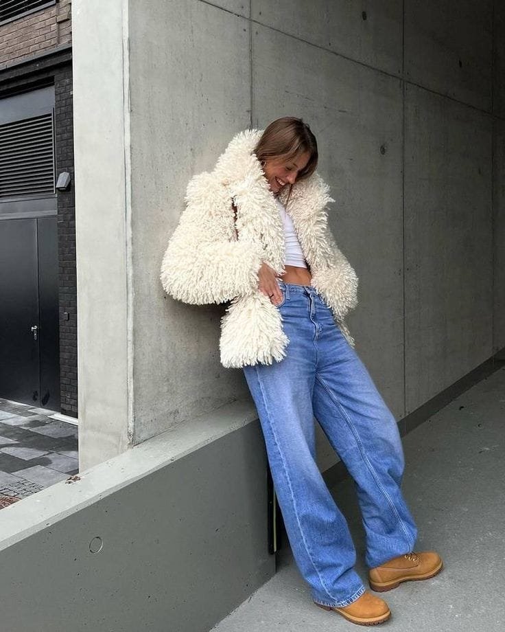 Plush Shearling Coat with Retro Blue Denim